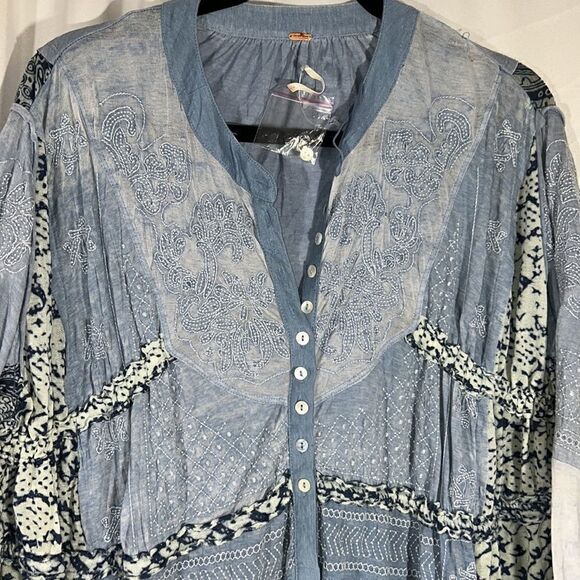 Free People Oh My Maxi Top Dress Duster Patchwork Piecing Indigo Button New - Picture 6 of 8